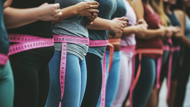 a group of people measuring their waists with a measuring tape